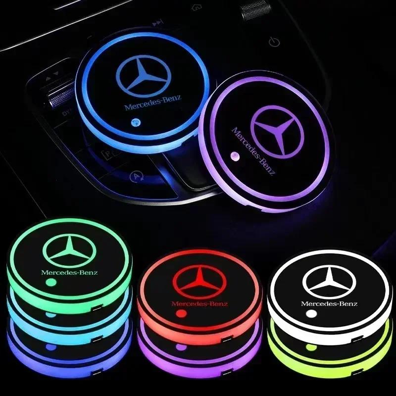 New For Mercedes Benz 2pcs Interior Light Coaster LED Illuminated Car Water Cup Coaster For Mercedes Benz B/C/E/S Class A Class
