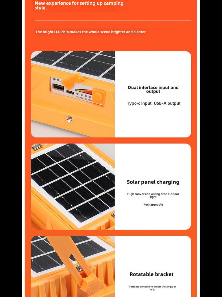 Портативный перезаряжаемый солнечный прожектор для кемпинга на открытом воздухе и использования в чрезвычайных ситуациях