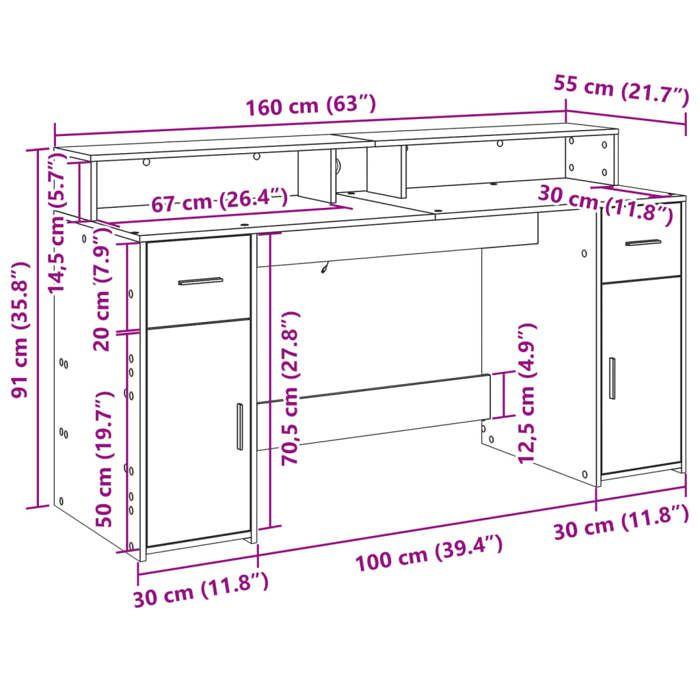 VidaXL Bureau avec lumières LED chêne sonoma bois d'ingénierie, bureau de travail, bureau d'étude, bureau à domicile, bureau 3309431