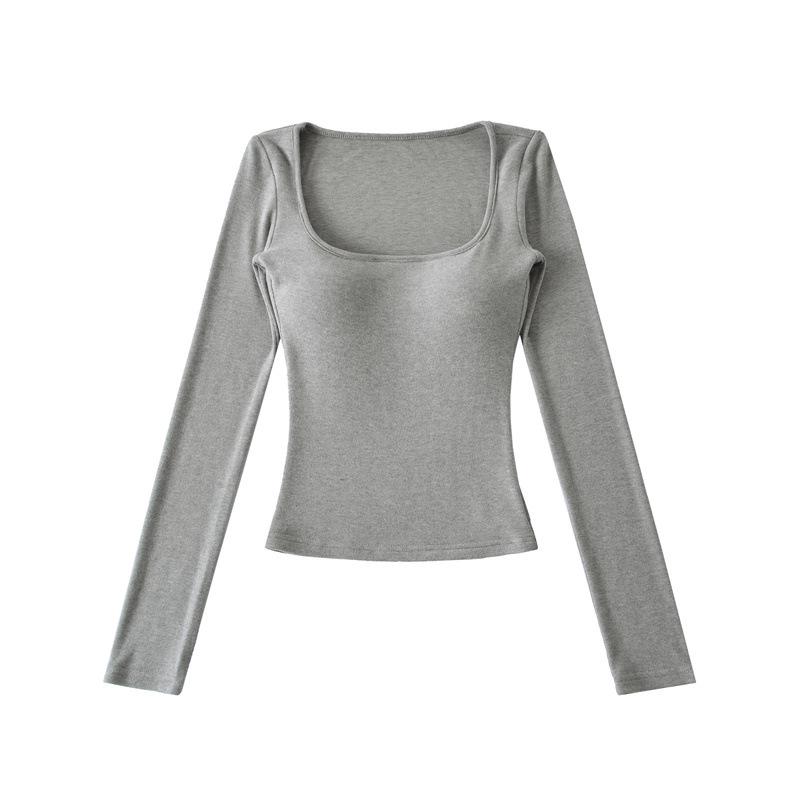 Korean Square Neck Slimming Long Sleeve T-Shirt with Chest Pads and Waist-Cinching Design for Women - Spring/Autumn