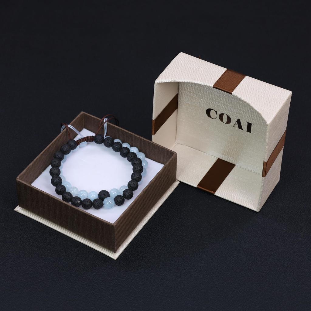 Аквамариновый камень лавы, очищение, защита, удача, сила камня, браслет, женский размер для пары, набор из 2 штук, регулируемая длина [Coai] (Камень марта)