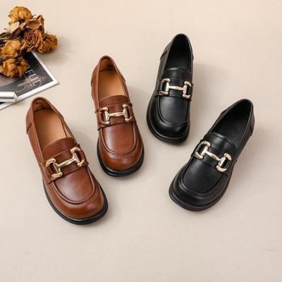 Женские лоферы из коровьей кожи, обувь из натуральной кожи, низкий верх, толстый каблук, средний каблук, мягкая подошва, мягкий круглый носок, удобные и универсальные, повседневные