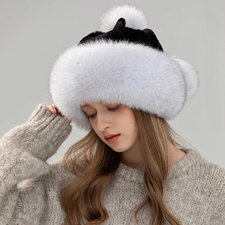 Шапка из лисьего меха Женская Зимняя Теплая Защита ушей Шапка принцессы Милая меховая шапка Утолщенная Цельнокожаная Кроличий мех Рекс Лыжная шапка