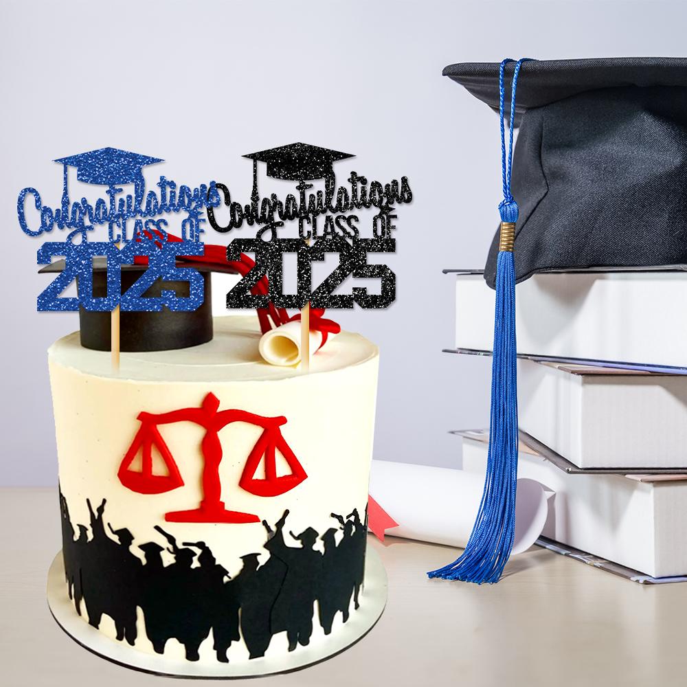 1pcs Congratulations Class of 2025 Graduation Cake Topper Glitter Congrats Grad Cap Cake Picks for Graduation Theme Party Decor