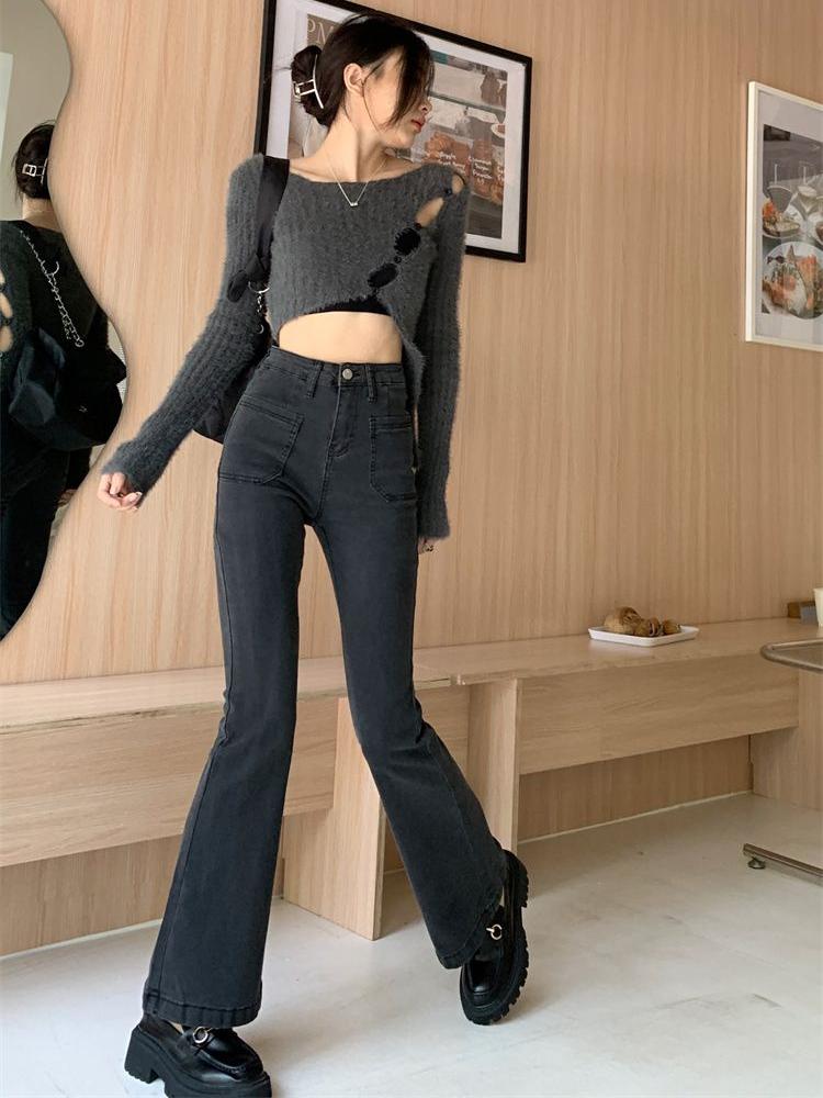Black Gray High-waisted Flared Jeans Women's Retro Straight Elastic Slim Slim Wide-leg Flared Pants Female Trousers