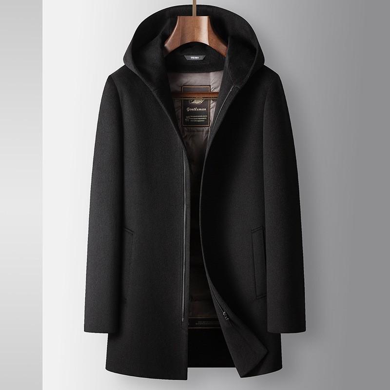 Mens Wool Blend Hooded Winter Coat With Removable Down Inner Liner Lightweight Warm Business Casual Outerwear