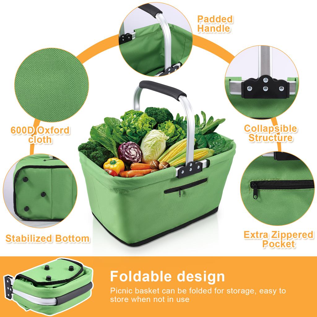 23L Foldable Storage Bag Shopping Basket with Handle Portable Garden Grocery Basket For Outdoor Travel Picnic Campsite Organizer