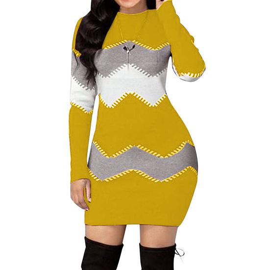 Women Autumn O Neck Long Sleeve Color Block Bodycon Warm Mini Sweater Dress