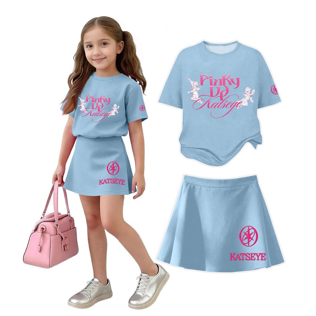 Girls Casual Two Piece Set Loose Fit Short Sleeve Crew Neck Top with Printed Design and Matching Skirt Comfortable Summer Outfit