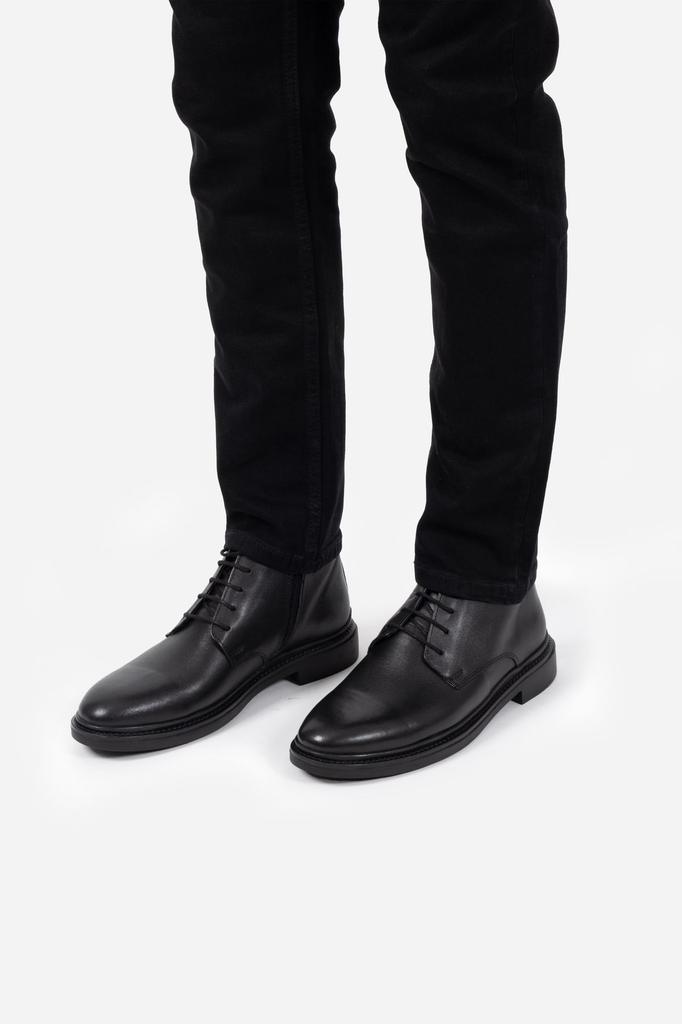 Men's Fashion Genuine Leather Thin Heeled Booties Black Lace-up Zippered Boots Shoes