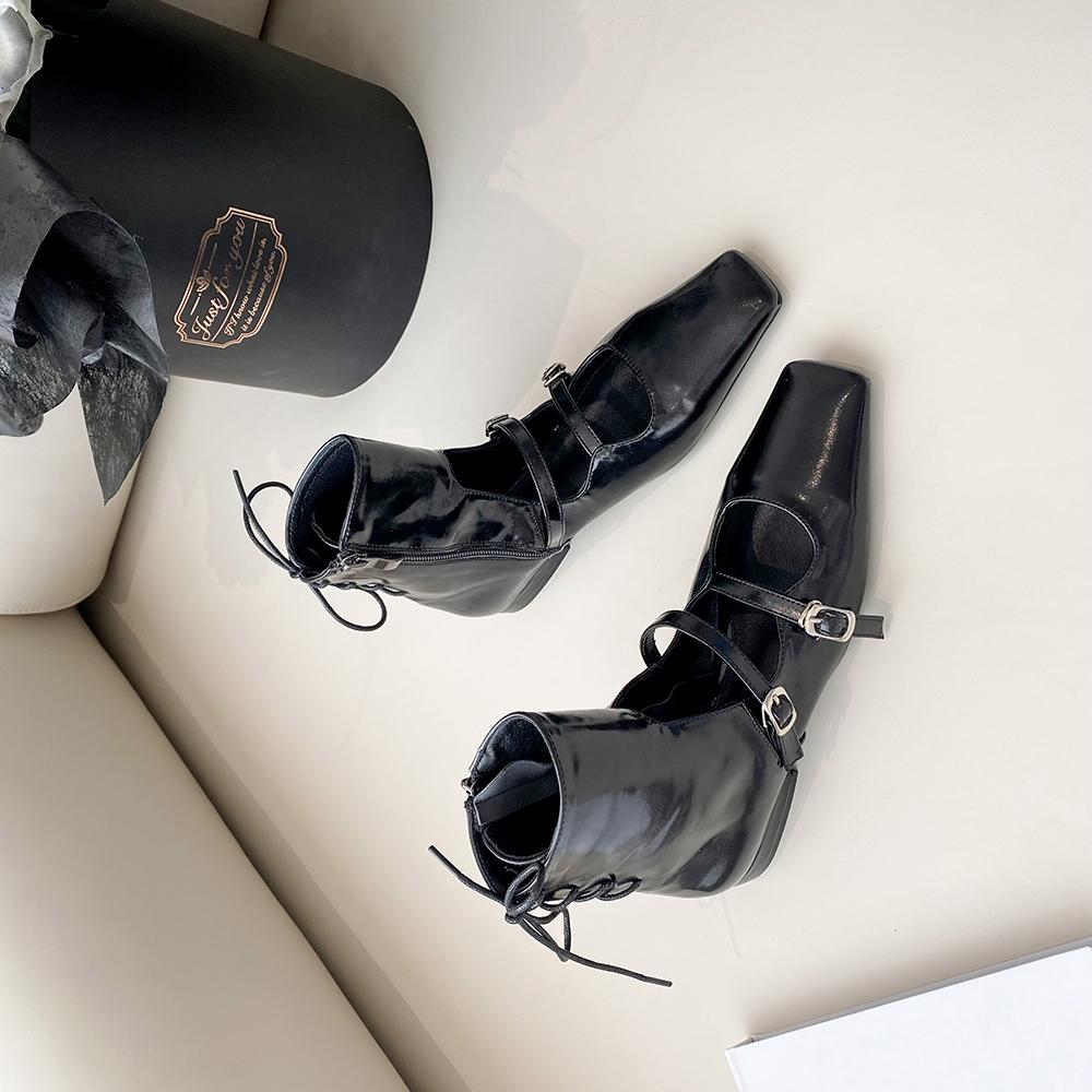 Модные женские ботильоны с квадратным носком, полые, сексуальные, с плоским каблуком, с ремешком сзади, с бантом, пряжкой на ремне, черного, хаки, белого, смешанного цвета, модельные туфли