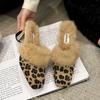 Sexy Leopard High Heels Square Toe Fur Slippers Cozy Suede Warm Plush Cotton Shoes Winter 2025 Trend Flip Flops Zapatos Mujer