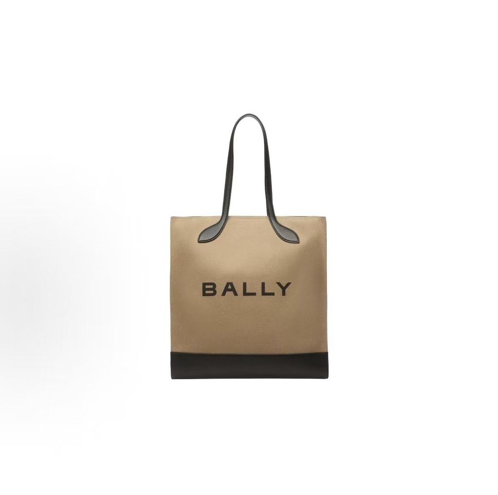 Bally Large Logo Magnetic Closure Large Capacity Fabric Tote Shopping Bag Women Tote Sand Black 6304710