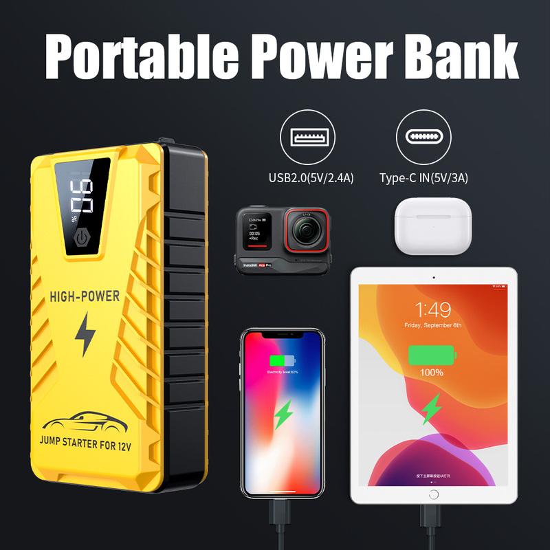 Автомобильный пусковой блок Power Bank 2000A для 12-вольтовых автомобилей и мотоциклов, портативное автомобильное зарядное устройство, умный пусковой блок с умными зажимами и LED