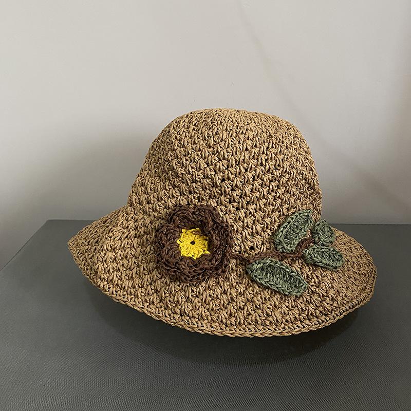 Straw hat female summer sweet handmade flower straw bucket hat ins sun visor hat sun hat travel hat