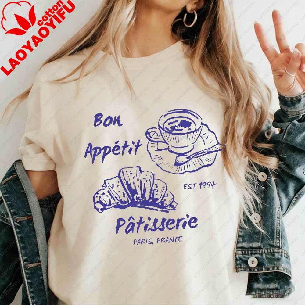Женская футболка Bon Appetit Patisserie Париж Франция с графическим принтом Французский Кофе Круассан Хлопок Эстетичный Топ для Любителя Парижской Еды