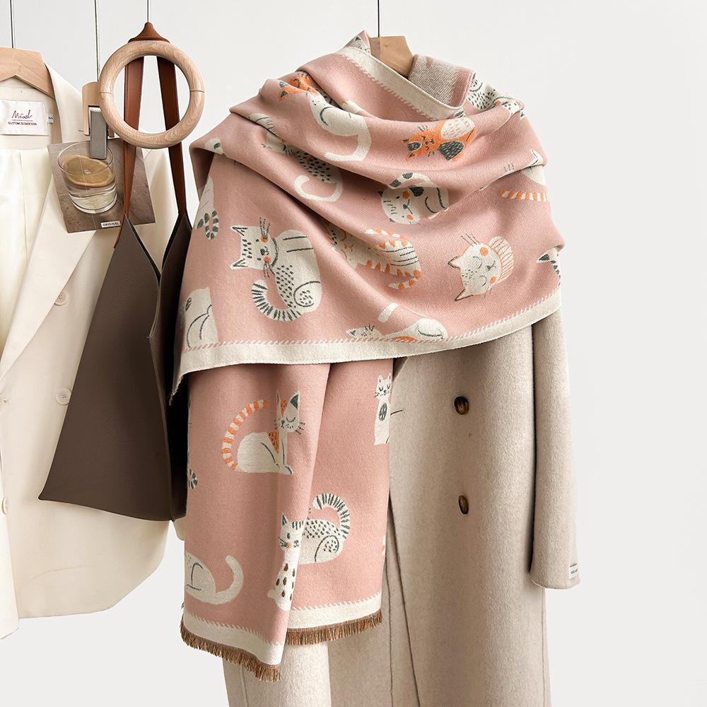 Двусторонний милый кашемировый шарф с котенком - Женский модный зимний шарф-шаль для согревания шеи