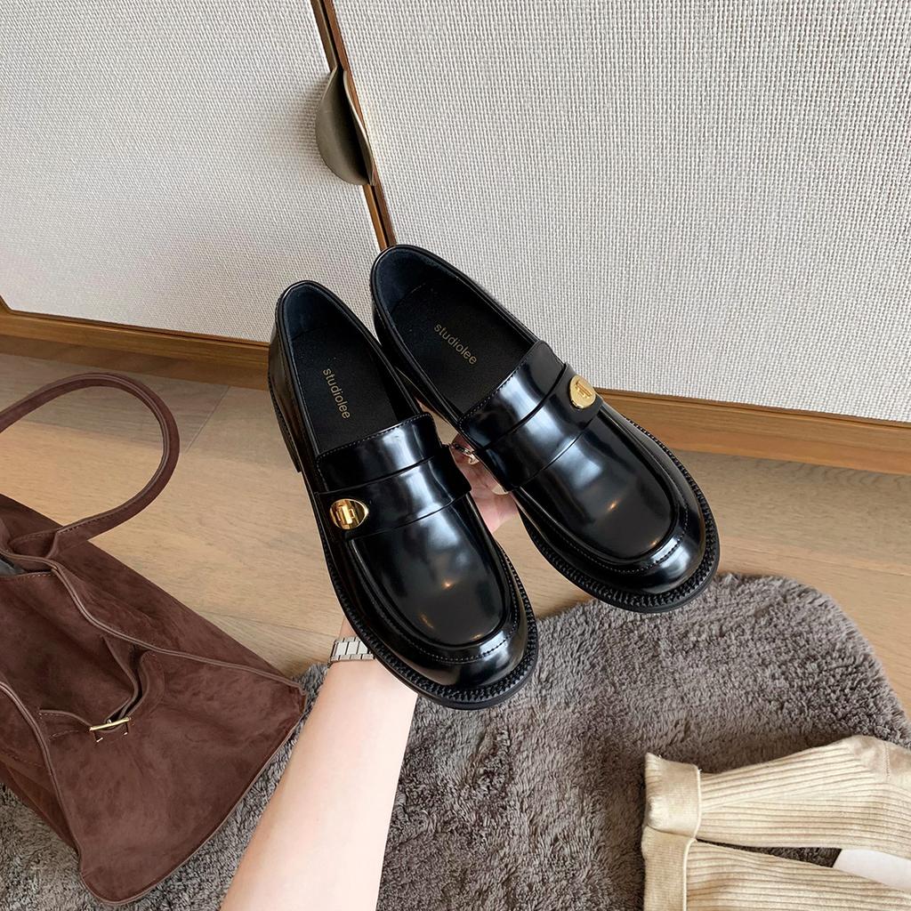 Cowhide Version~ Grape Mother Has the Same Genuine Leather Versatile Round Head Small Gold Buckle, Thick Heel Loafu Small Leather Shoes for Women's Au