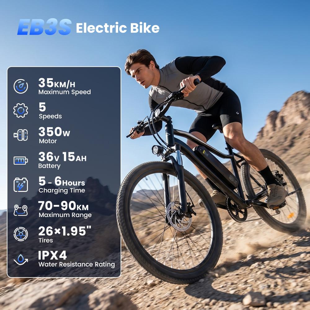 EB3S Electric Bike 250W 13.5Ah  26'' E-Bike Front Suspension Dual Disc Brakes Voltix APP 5-Speed 6-25KM/H Adult Electric Bicycle
