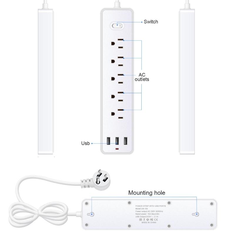 8 in 1 Power Strip Surge Protector US Plug Wall Outlet Adapter with 5pcs Widely-Spaced AC-Outlets & 3x USB Ports