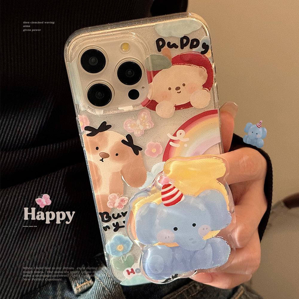 Cartoon Doodle Elephant Stand Apple 16 Mobile Phone Case 14 Glitter Powder Iphone15promax Suitable for 11 Original 12