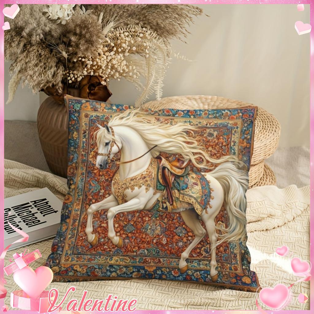1pc White Horse Pattern Cushion Cover, Golden Design - 45.72X45.72Cm Soft Short Plush Pillowcase, Single-Sided Print, Zipper Closure, Machine Washable
