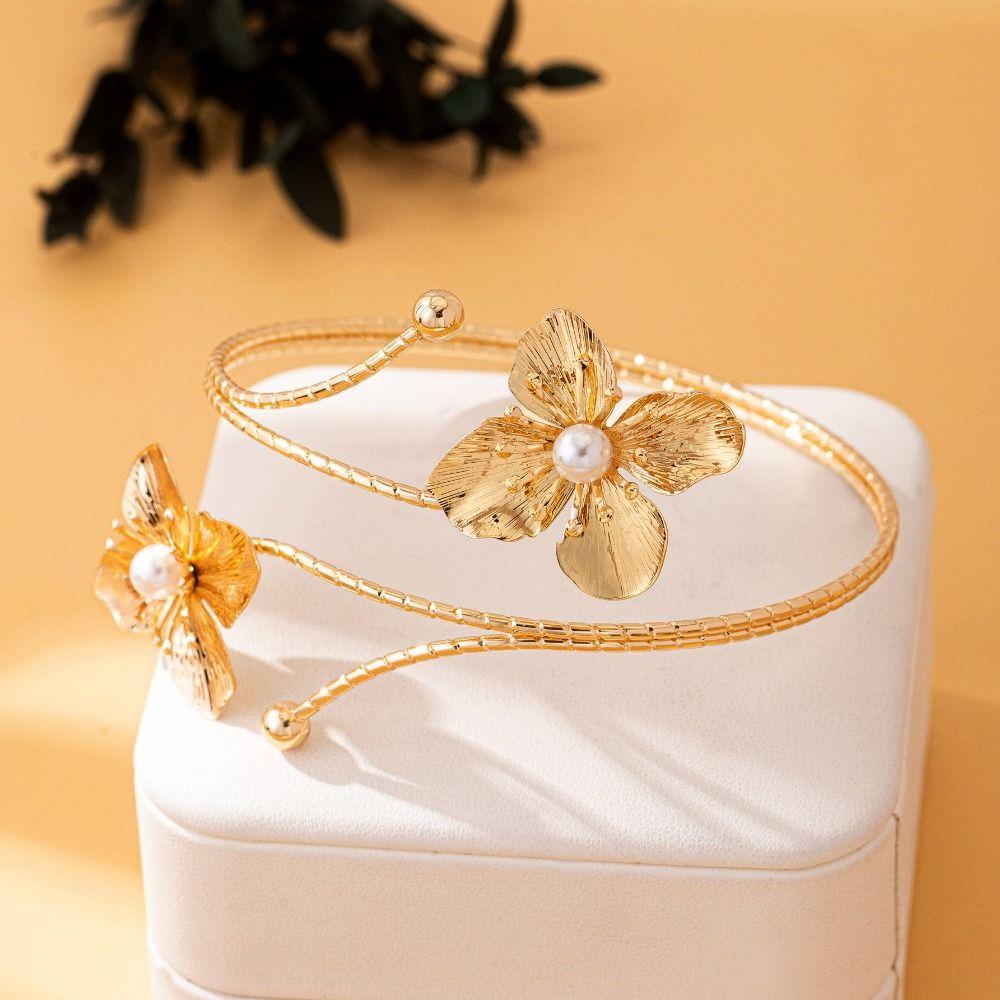 Metal Wide Open Bangle Multi Style Flower Bracelet Elegant Armlet Hand Jewelry