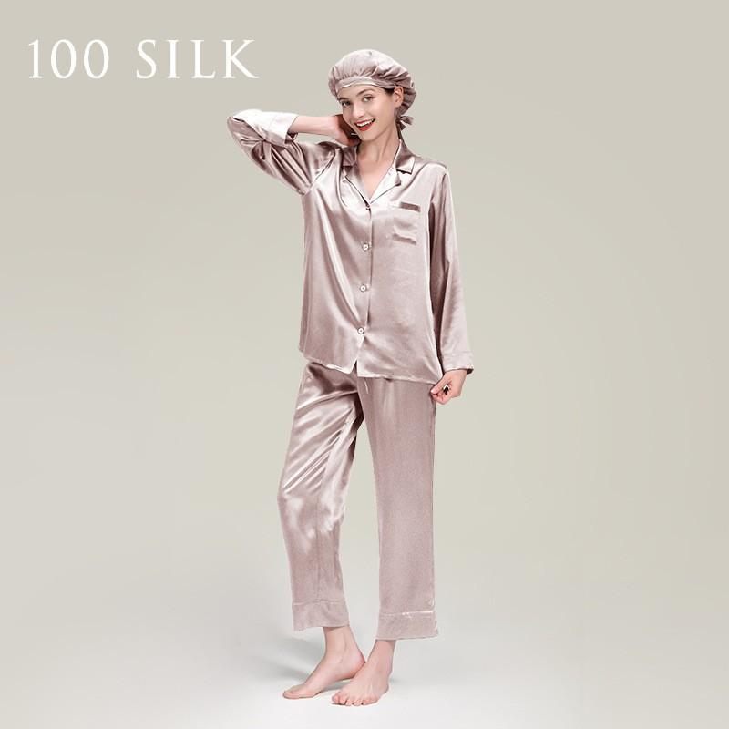 100% Pure Silk Pajama Set Women Long Sleeve Pants Lightweight Sleepwear Lounge Wear Fall