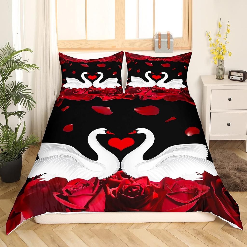 Valentine's Day Rose King Queen Duvet Cover Red White Floral Bedding Set Romantic Flowers Quilt Cover Polyester Comforter Cover