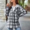 Куртка для женщин, рубашка с капюшоном и шнурком, рубашка с клетчатым принтом, куртка, пальто на пуговицах с длинными рукавами