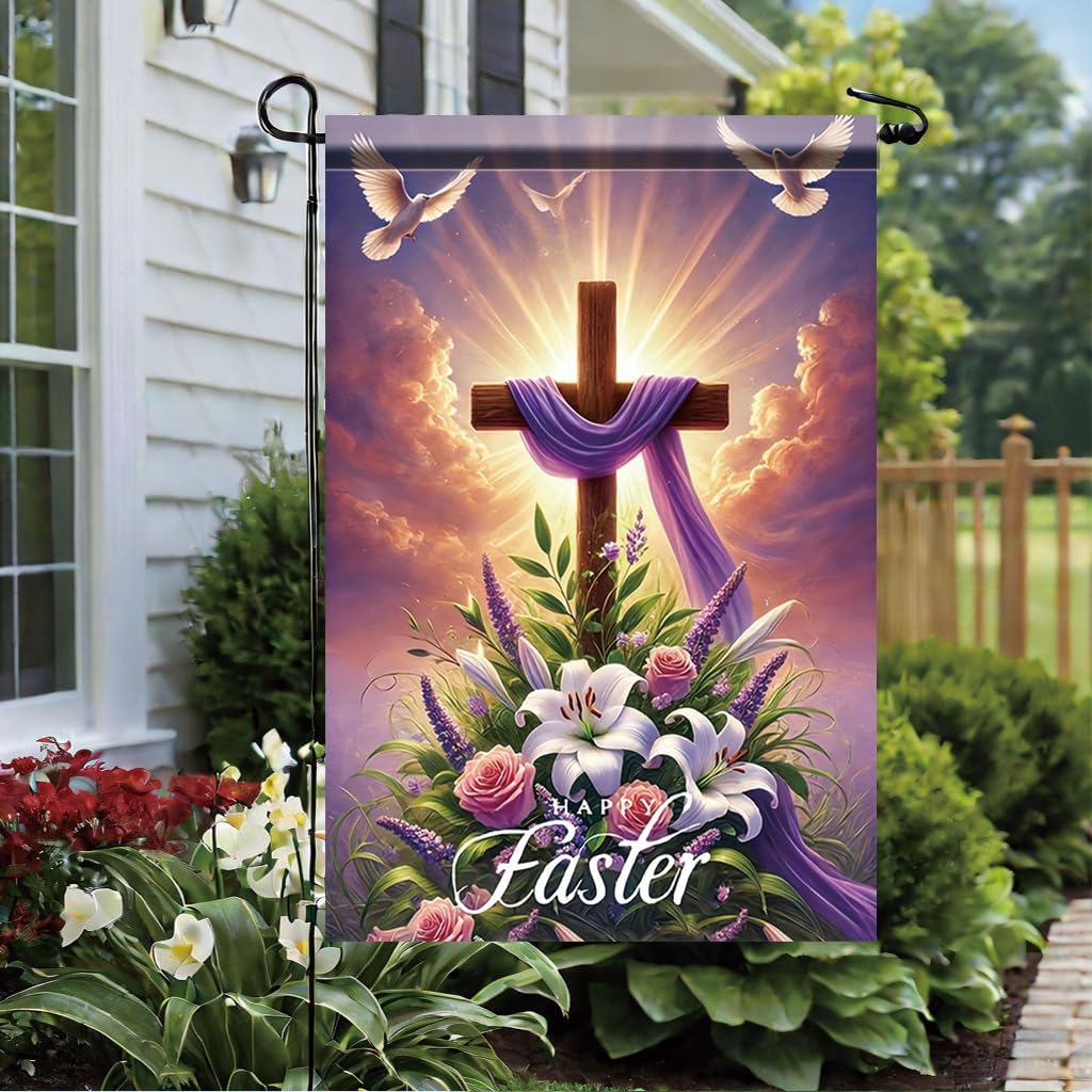 Happy Easter Garden ag 12x18 Inch Double Sided Outdoor Yard Banner Cross with Purple Cloth White Lilies and Doves Religiou