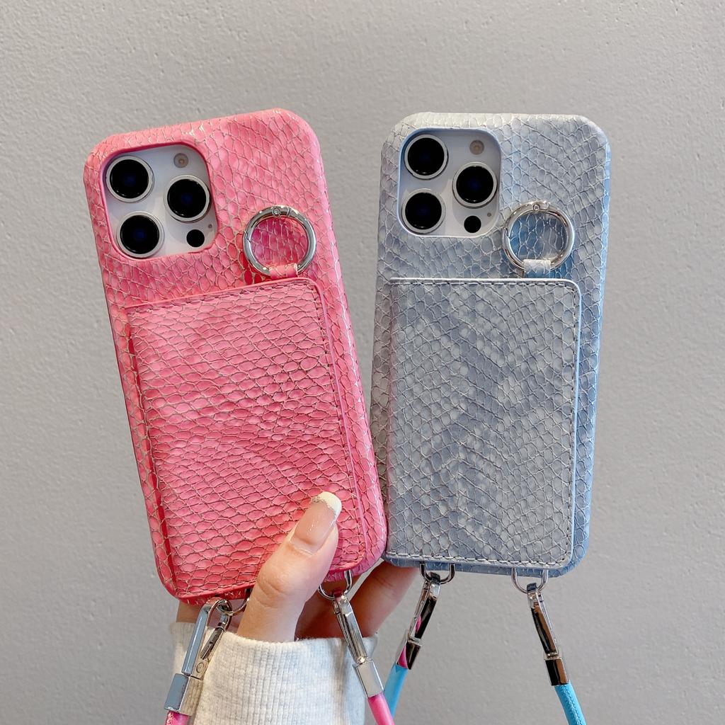 For iPhone 16 Pro Max Case Card Holder Mirror Snake Texture PU+PC Back Cover with Lanyard