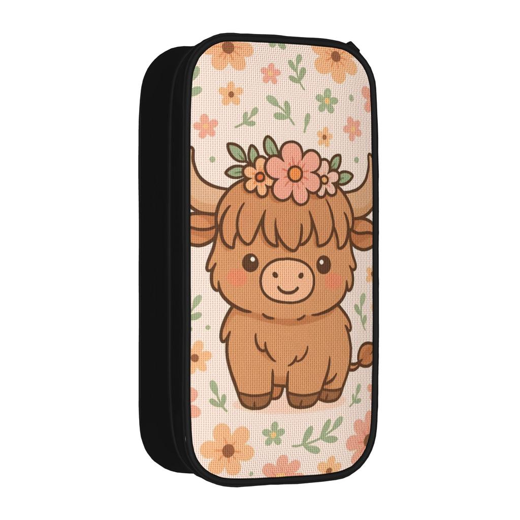 Lovely Highland Cow Boho Floral Pencil Case Pencil Pouch Pen Box for Student Large Storage Bag Office Gift Stationery