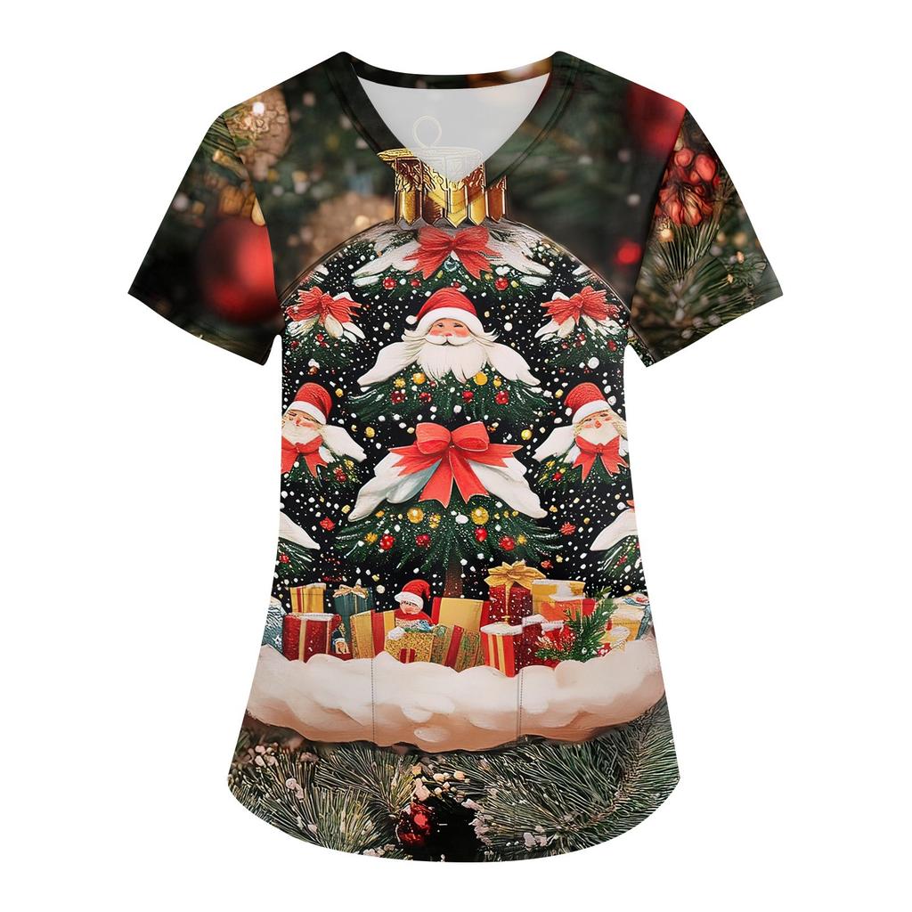 Женская мода с v-образным вырезом, короткими рукавами и карманами, топы с рождественским принтом
