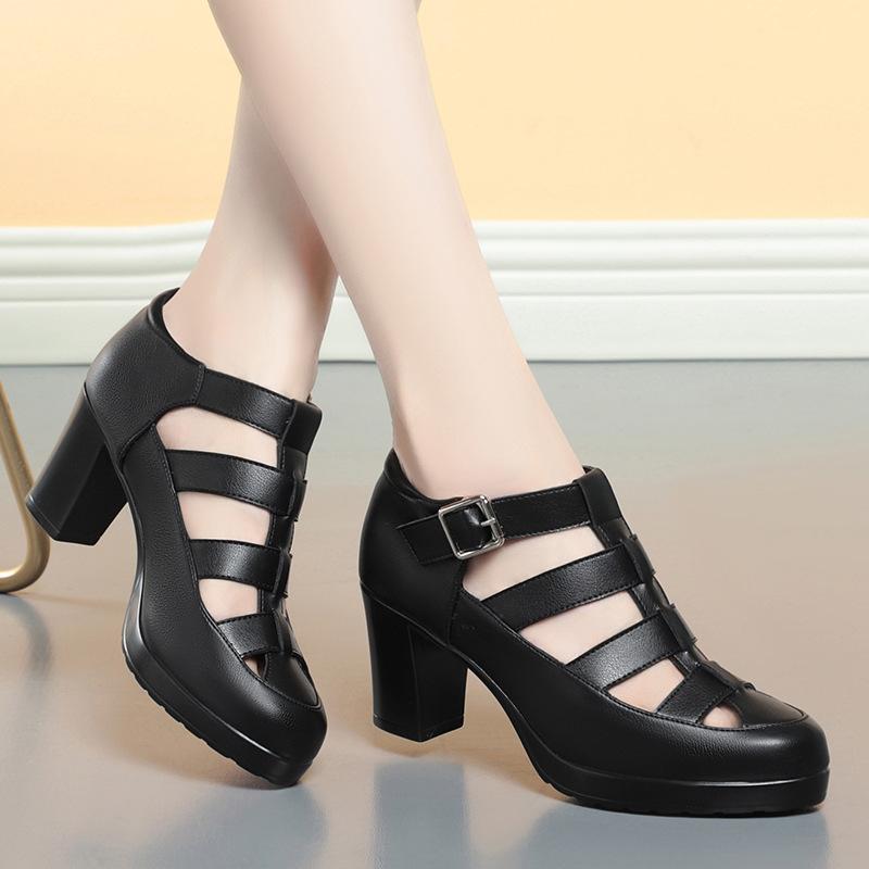 Breathable Cutout Close Head Platform Shoes Summer Soft Leather Block Med Heels Gladiator Sandals for Office Mom