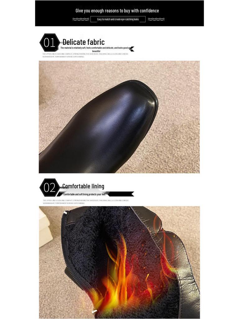 Женские зимние ботильоны из искусственной ПУ кожи на блочном каблуке с боковой молнией, круглым носком и подкладкой из искусственного плюша