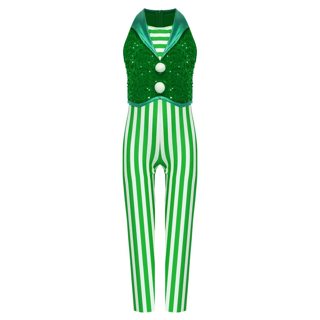Girls Christmas Candy Cane Costume Sleeveless Stripes Sequins Bodysuit Dance Gymnastic Jumpsuit
