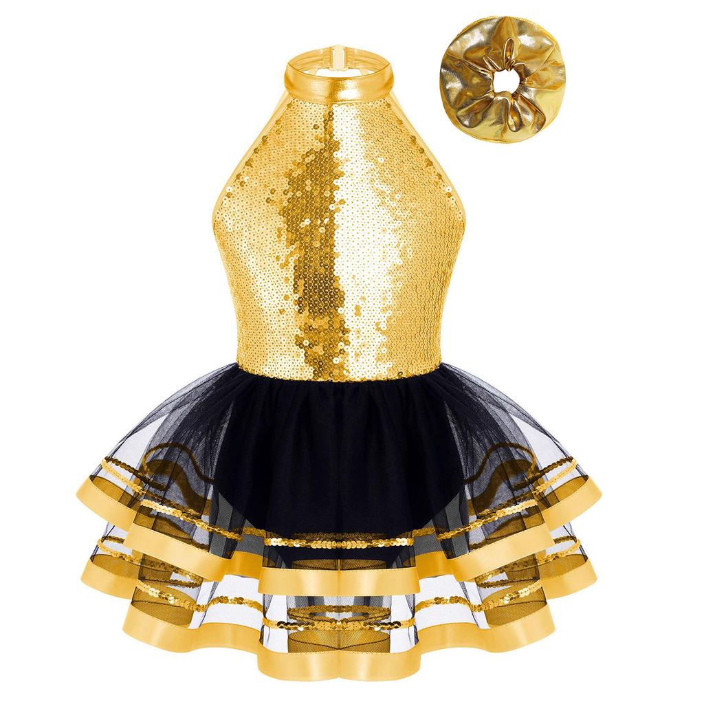 Girls Dance Performance Dress Halter Sleeveless Backless Design Sparkling Sequins Decorated Tutu Costume