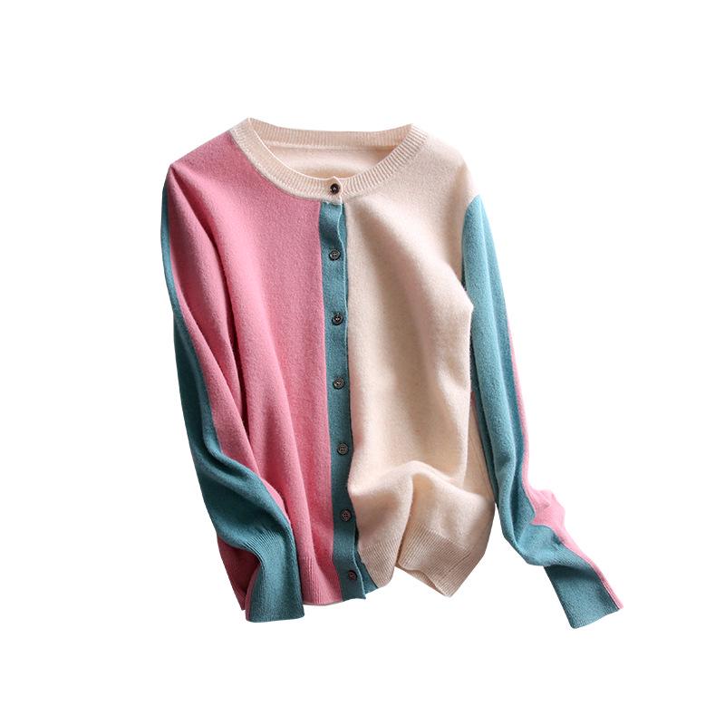 Women's Wool Patchwork Cardigan: Round Neck, Long Sleeve, Color Block, Loose Fit Sweater for Spring and Autumn.