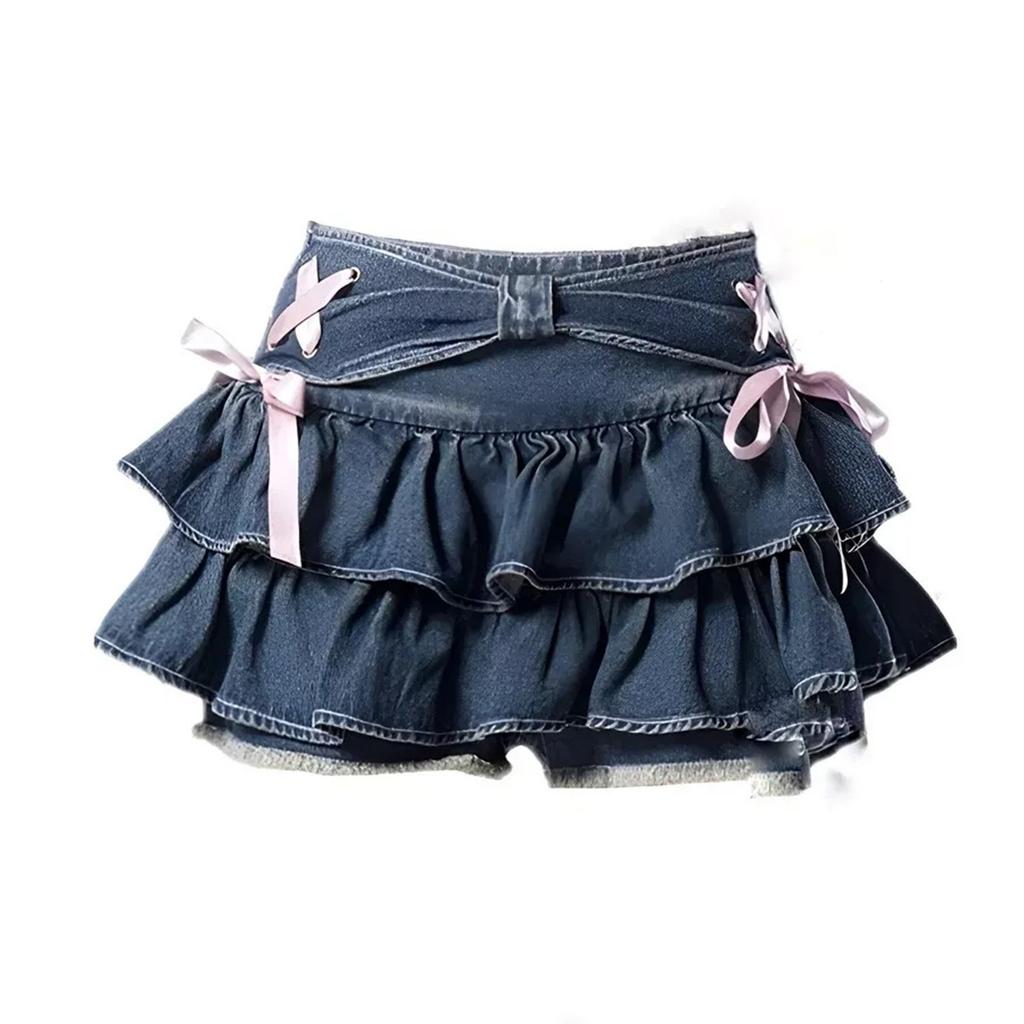 Ladies' Blue Denim Pleated Skirt, Half-length Culottes And Puffy Skirt