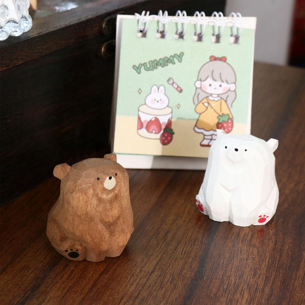 Cute Wooden Bear Figurines Solid Wood Mini Bear Statue Creative Polar Bear Ornament  Car