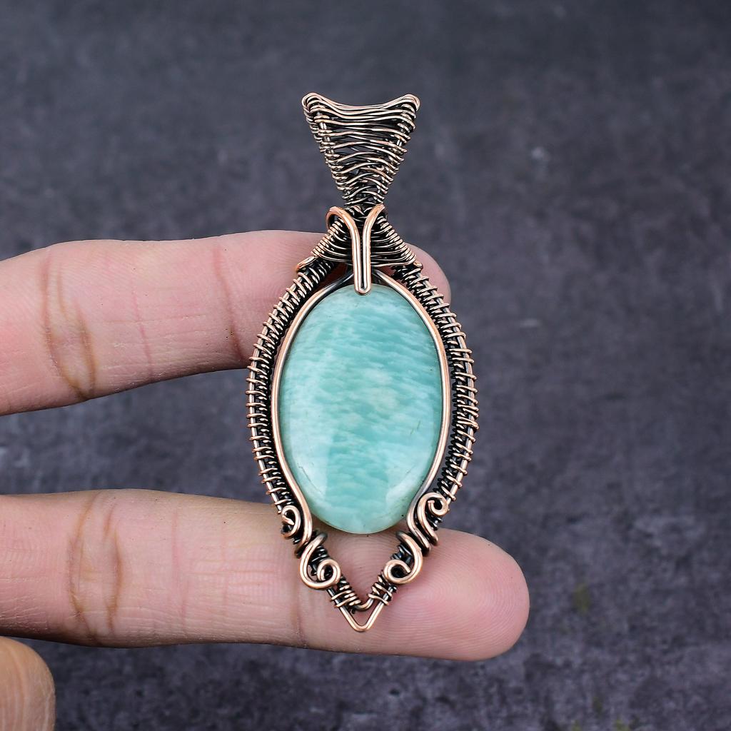 Натуральный Амазонит Камень Ручной Работы Медная Проволока Обмотка Подвеска Ювелирное Изделие 2.95" q8U81