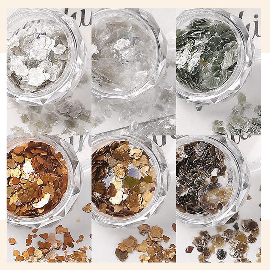 6 Colors Nail Art Mica Flakes Set, Irregular Metallic Gloss Mineral Slices, Shiny Nail Glitter Sequins for Nail Art Decoration