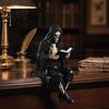 Skeleton Desktop Decor Halloween Reading Book Figurine, Spooky Devil Resin Sculpture, Gothic Winged Sculpture Black Robe Grim Reaper Statue