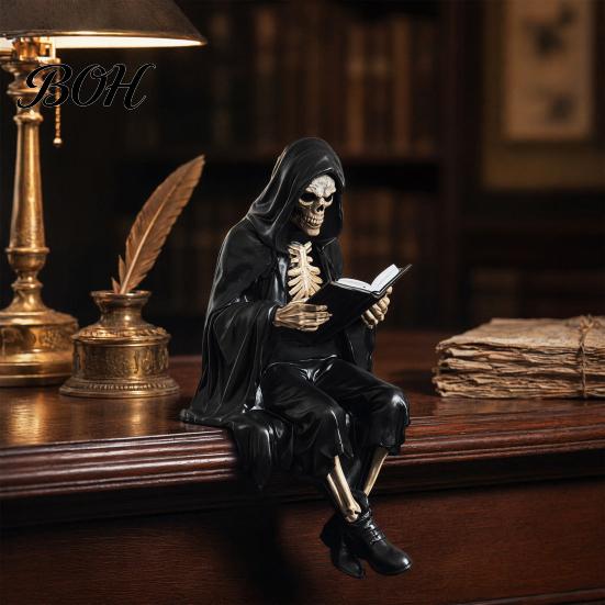 Skeleton Desktop Decor Halloween Reading Book Figurine, Spooky Devil Resin Sculpture, Gothic Winged Sculpture Black Robe Grim Reaper Statue