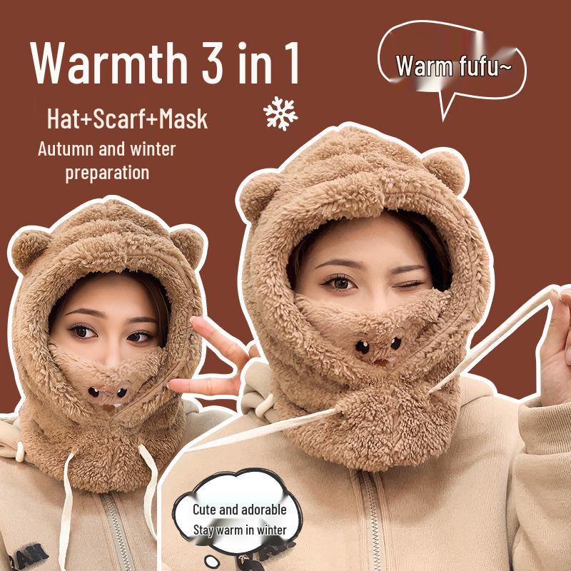 Новый женский цельный капюшон и шарф: Плюс Бархат, Утолщенный, Теплый, Плюшевый, Зимний Холод и Защита Ушей, Грелка для Шеи, Милый Дизайн.