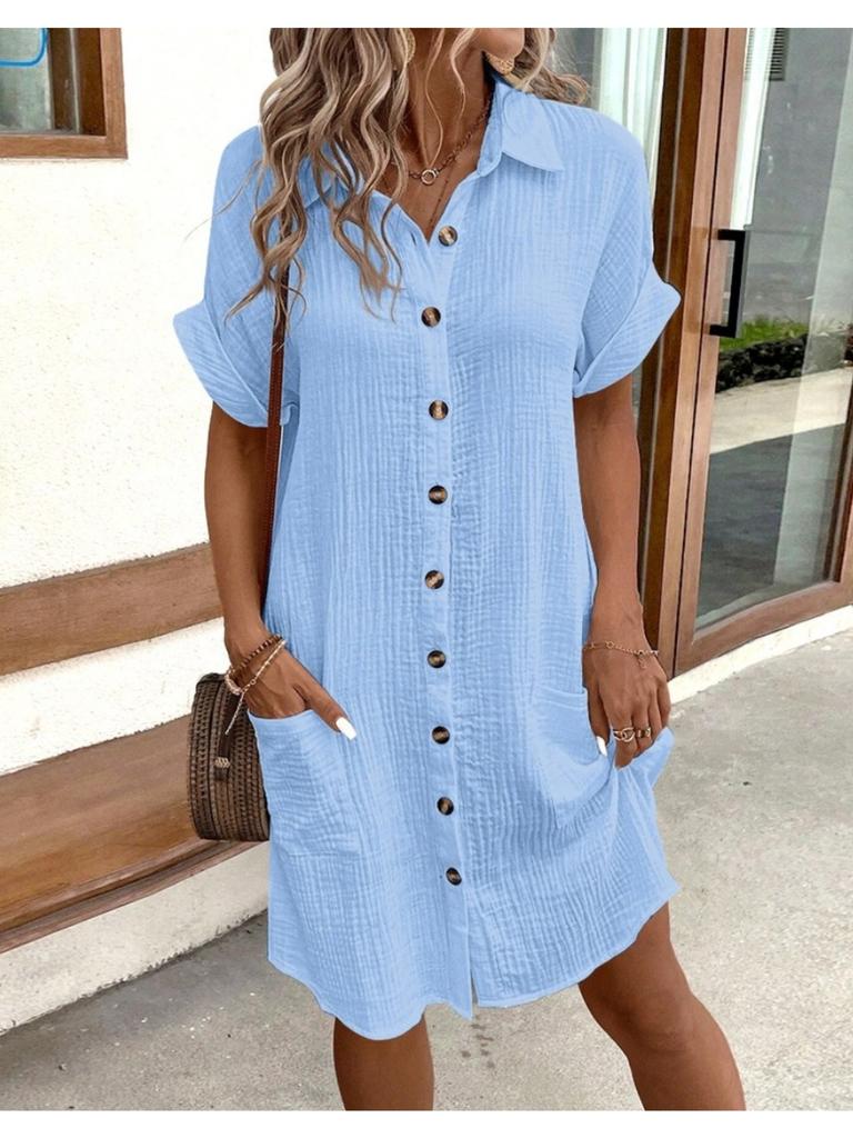 V Collar Solid Color Button Dress High Waist Elegant Shirt Dress for Women Short Sleeve Loose Dresses Causal Dress