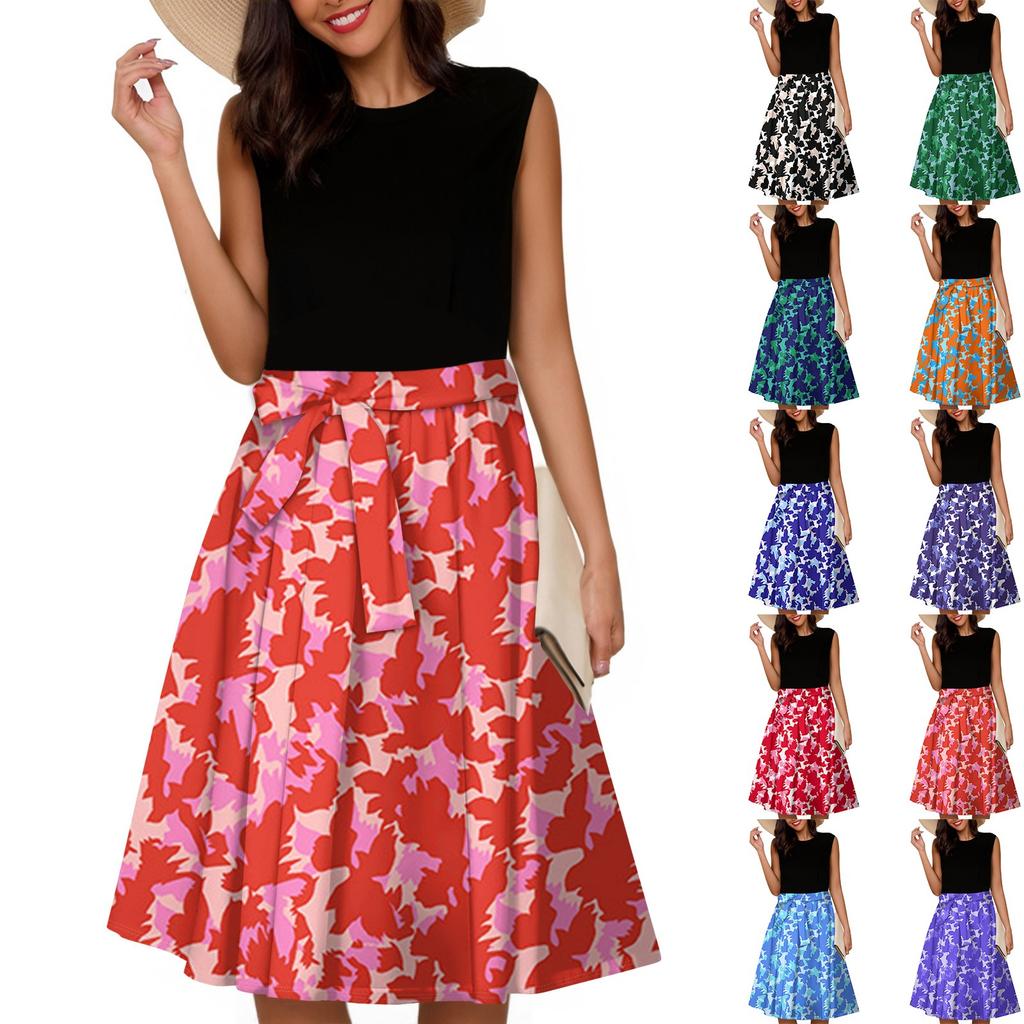 Women's Fashion Casual Lace-up Sleeveless Round Neck Splicing Short Dress