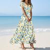 Women's Casual Fashion Print Long Dresses V-Neck Short Sleeve Dresses