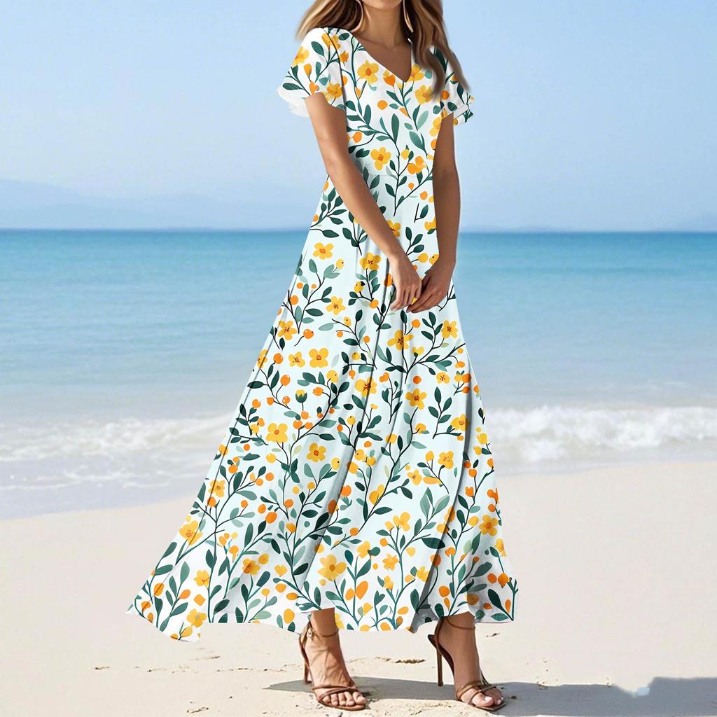 Women's Casual Fashion Print Long Dresses V-Neck Short Sleeve Dresses